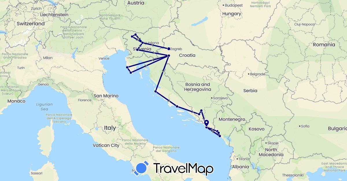 TravelMap itinerary: driving in Bosnia and Herzegovina, Croatia, Montenegro, Slovenia (Europe)